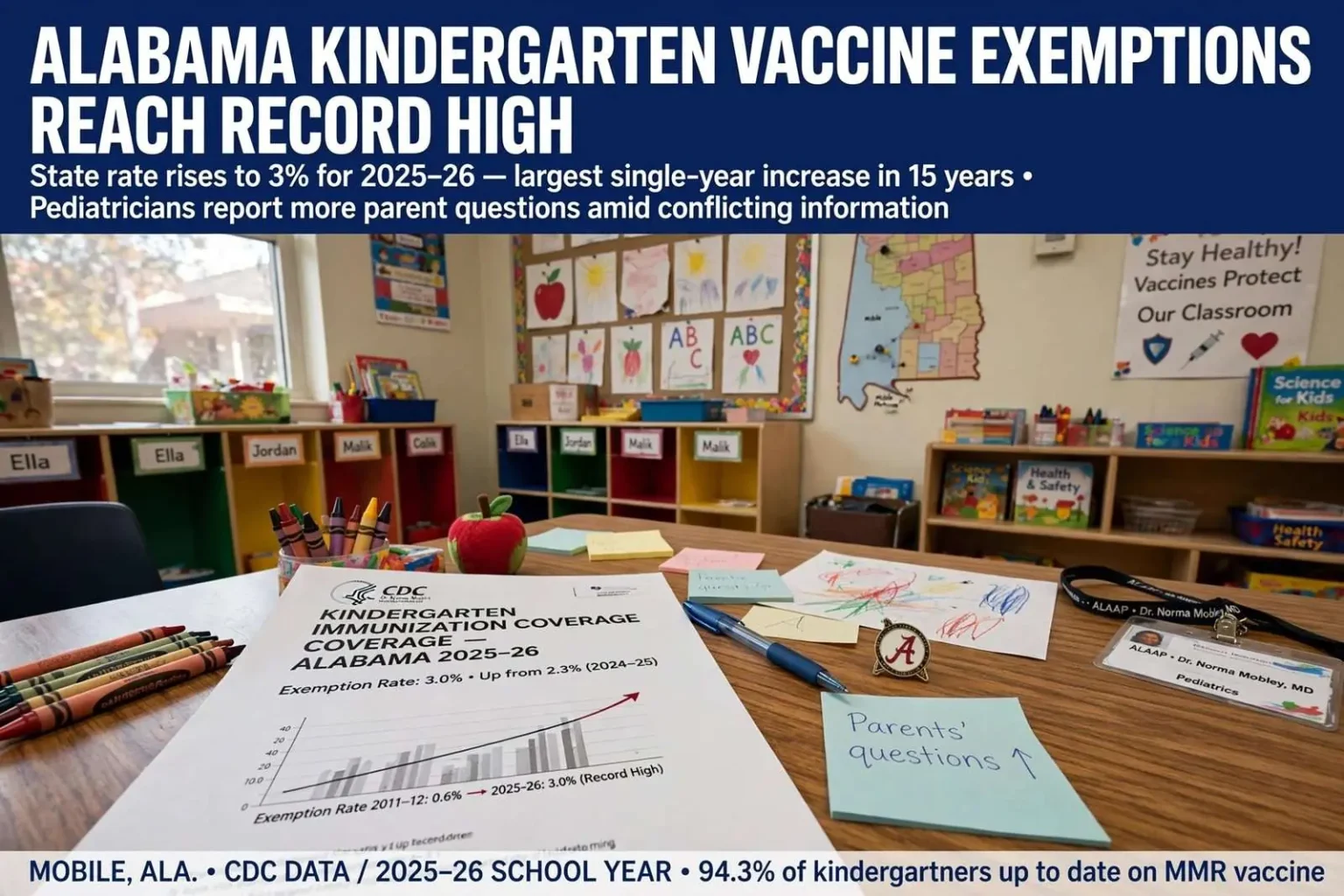 Illustration for the news story: Alabama Kindergarten Vaccine Exemptions Reach Record High