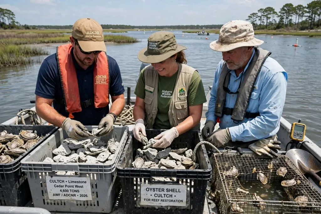 Illustration for the news story: Alabama’s Oyster Restoration Gets $7.1 Million Boost to Link Brood and Sink Reefs