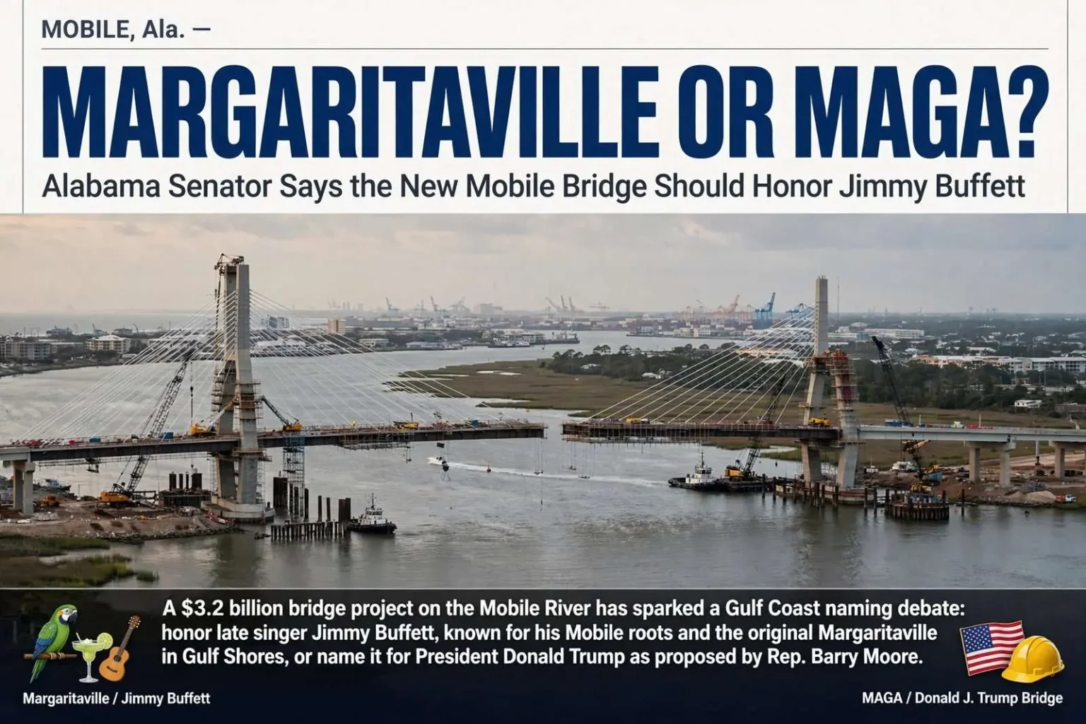 Illustration for the news story: Margaritaville or MAGA? Alabama Senator Says the New Mobile Bridge Should Honor Jimmy Buffett