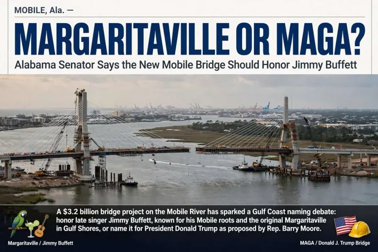 Illustration for the news story: Margaritaville or MAGA? Alabama Senator Says the New Mobile Bridge Should Honor Jimmy Buffett