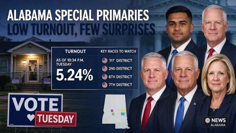 Illustration for the news story: Alabama Special Primaries Draw Low Turnout as Incumbents, Establishment Picks Prevail