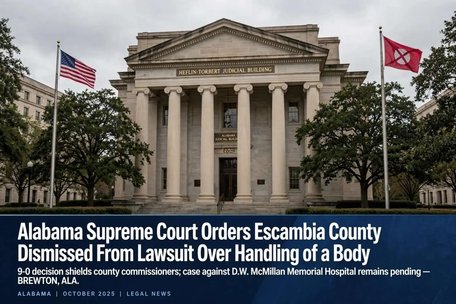 Illustration for the news story: Alabama Supreme Court Orders Escambia County Commissioners Dismissed From Lawsuit Over Handling of a Body