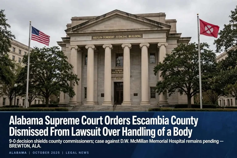 Illustration for the news story: Alabama Supreme Court Orders Escambia County Commissioners Dismissed From Lawsuit Over Handling of a Body