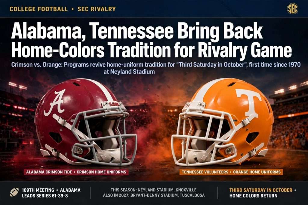 Illustration for the news story: Alabama, Tennessee Bring Back Home-Colors Tradition for Rivalry Game