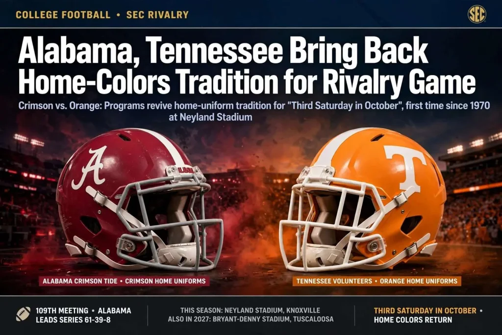 Illustration for the news story: Alabama, Tennessee Bring Back Home-Colors Tradition for Rivalry Game