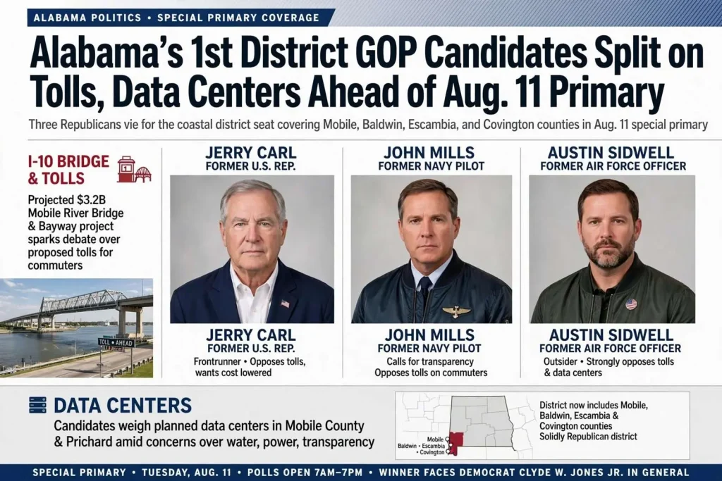 Illustration for the news story: Alabama’s 1st District GOP Candidates Split on Tolls, Data Centers Ahead of Aug. 11 Primary