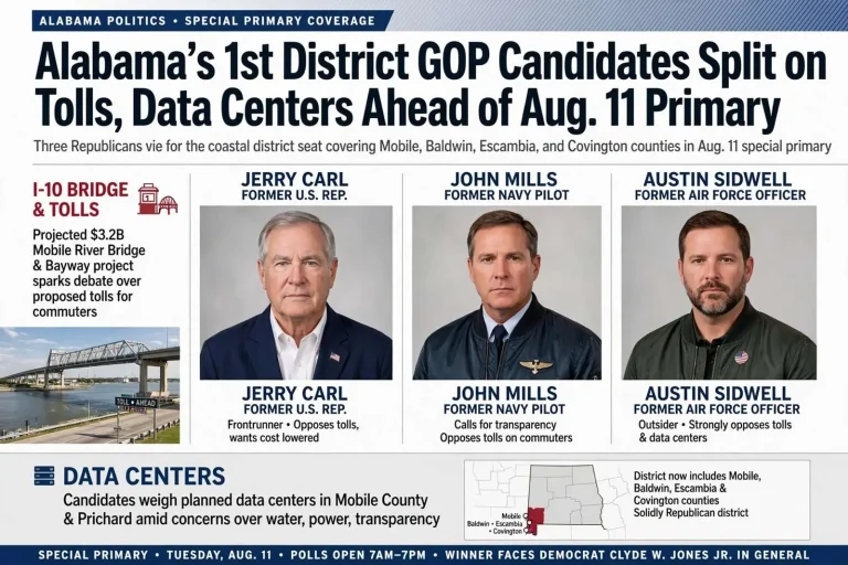 Illustration for the news story: Alabama’s 1st District GOP Candidates Split on Tolls, Data Centers Ahead of Aug. 11 Primary