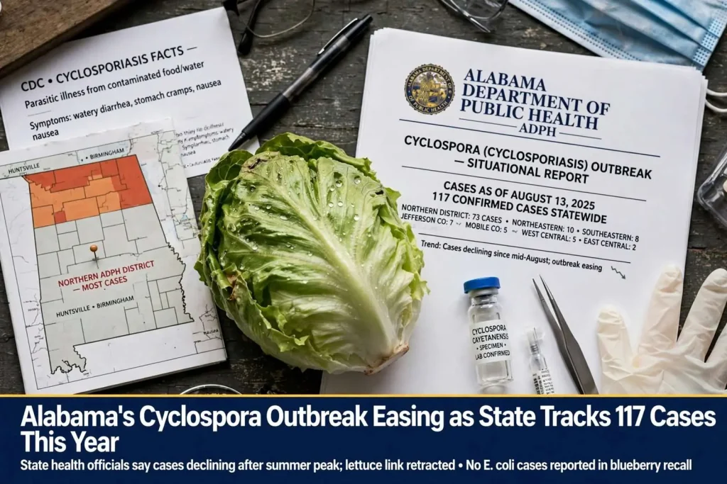Illustration for the news story: Alabama’s Cyclospora Outbreak Easing as State Tracks 117 Cases This Year
