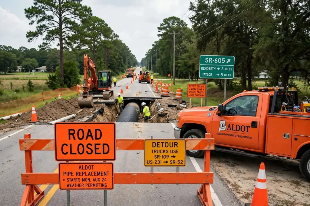 Illustration for the news story: ALDOT Pipe Replacement on SR-605 Starts Monday, Aug. 24