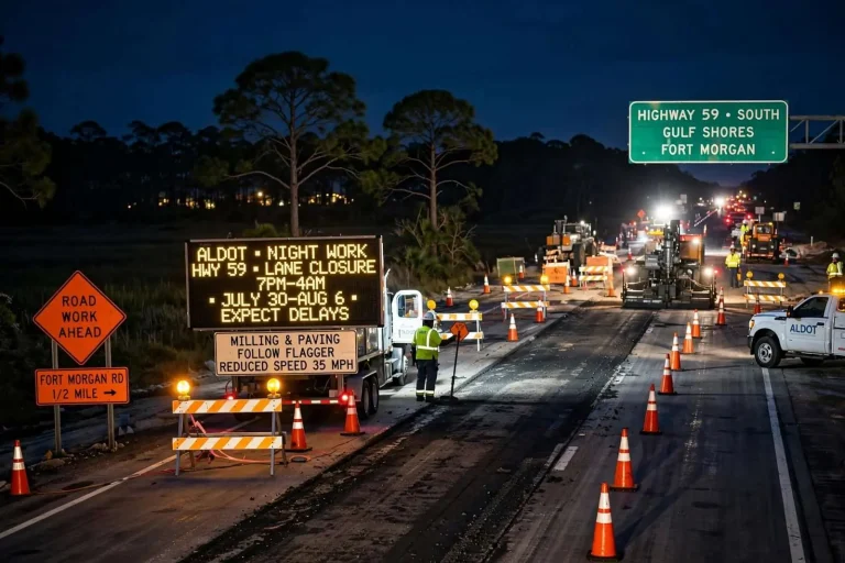 Illustration for the news story: ALDOT Sets Nighttime Lane Closures on Highway 59 Near Fort Morgan Road for Widening Work