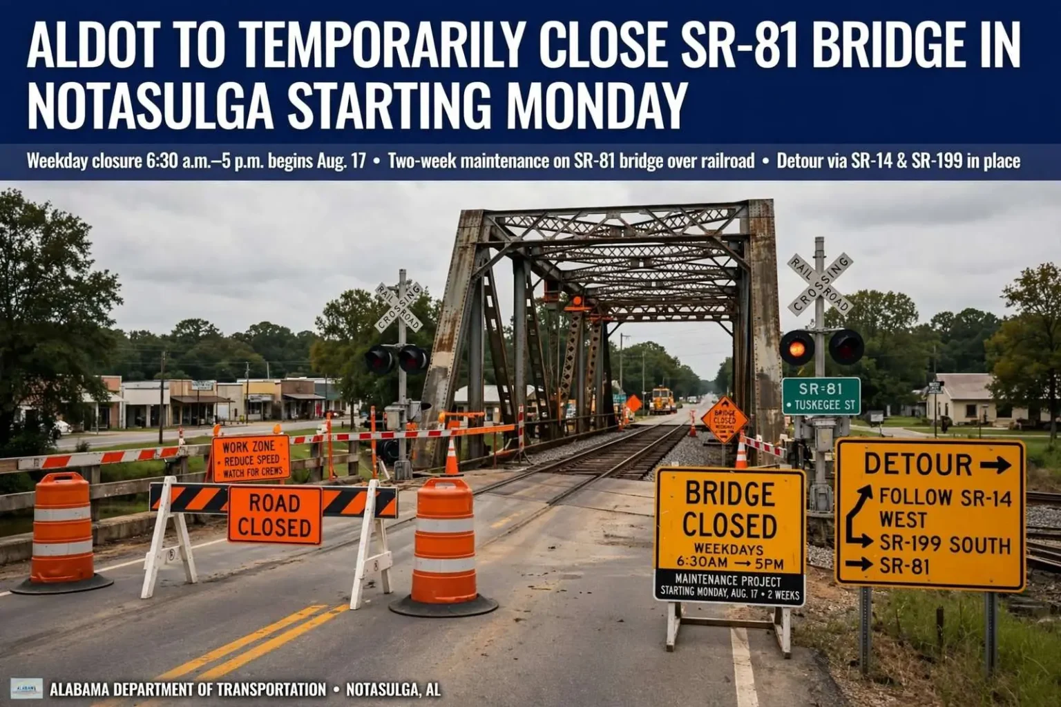 Illustration for the news story: ALDOT to Temporarily Close SR-81 Bridge in Notasulga Starting Monday