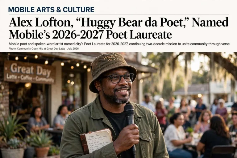 Illustration for the news story: Alex Lofton, “Huggy Bear da Poet,” Named Mobile’s 2026-2027 Poet Laureate