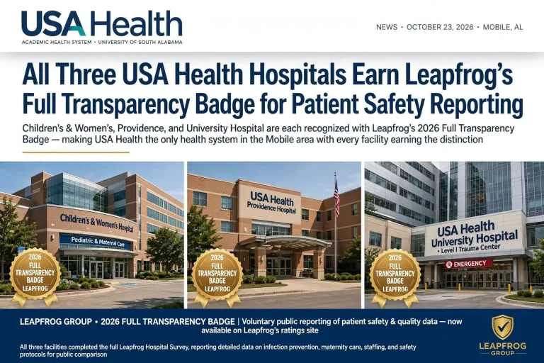 Illustration for the news story: All Three USA Health Hospitals Earn Leapfrog’s Full Transparency Badge for Patient Safety Reporting