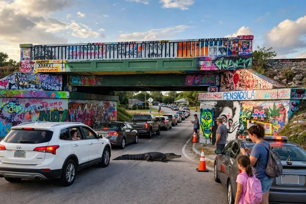 Illustration for the news story: Alligator Sighting Snarls Traffic at Pensacola’s Graffiti Bridge