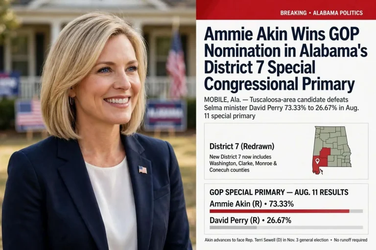 Illustration for the news story: Ammie Akin Wins GOP Nomination in Alabama’s District 7 Special Congressional Primary