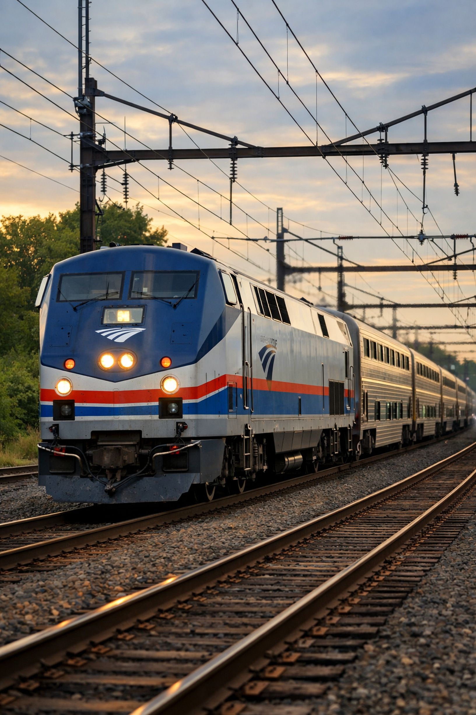 An Amtrak passenger train traveling along railroad tracks at dusk