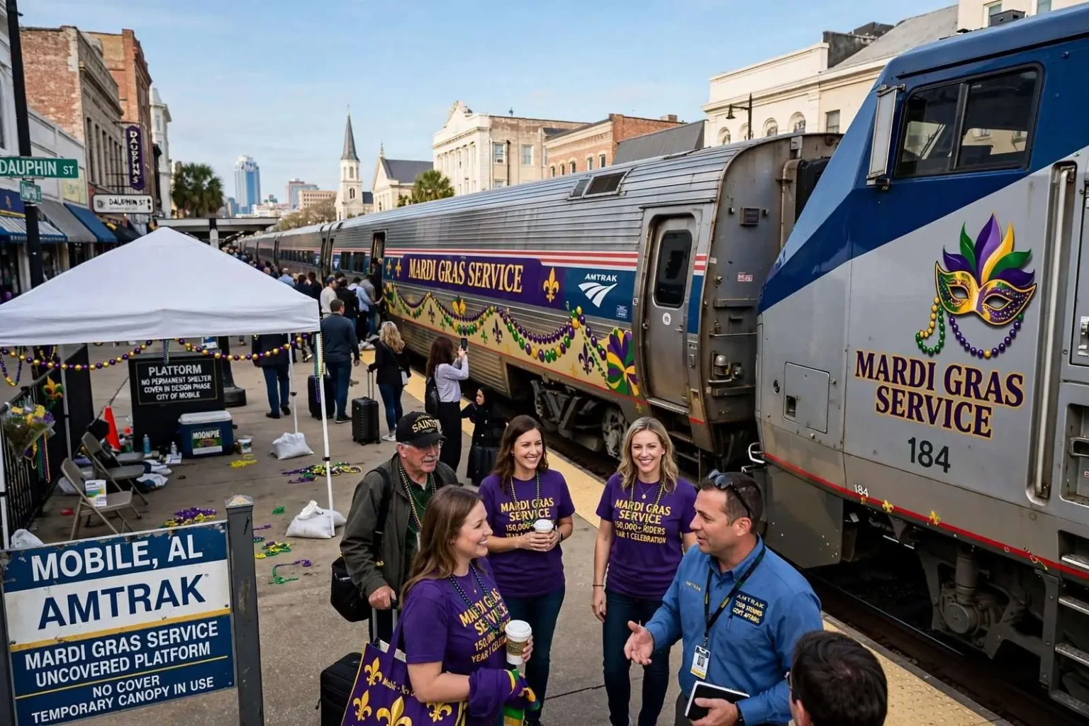 Illustration for the news story: Amtrak’s Mardi Gras Train Tops 150,000 Riders in First Year, Mobile Stop Still Lacks Cover