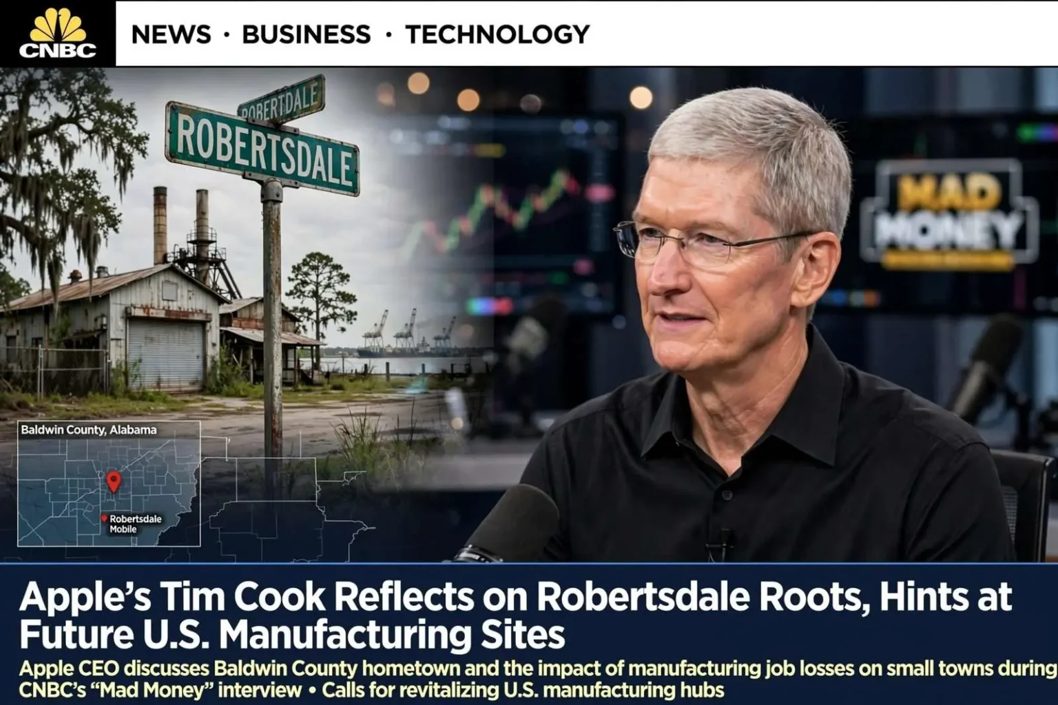 Illustration for the news story: Apple’s Tim Cook Reflects on Robertsdale Roots, Hints at Future U.S. Manufacturing Sites
