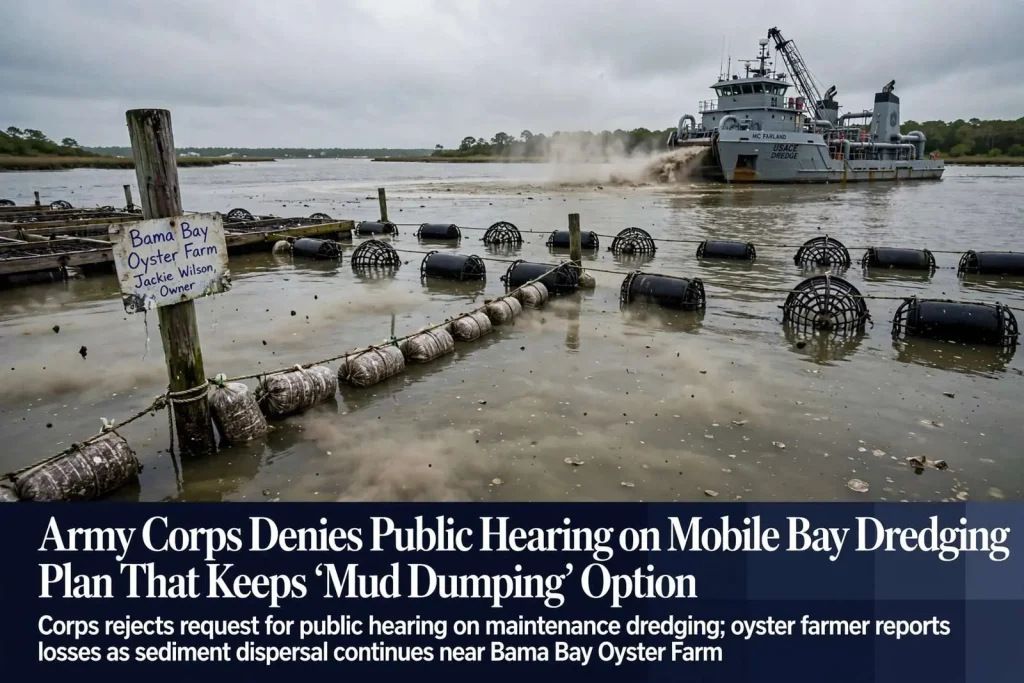 Illustration for the news story: Army Corps Denies Public Hearing on Mobile Bay Dredging Plan That Keeps ‘Mud Dumping’ Option