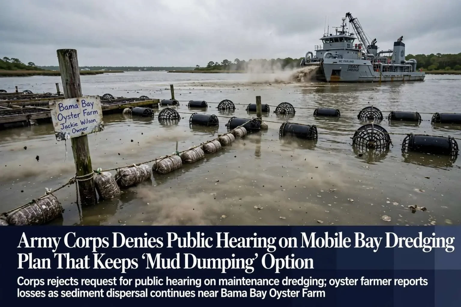 Illustration for the news story: Army Corps Denies Public Hearing on Mobile Bay Dredging Plan That Keeps ‘Mud Dumping’ Option