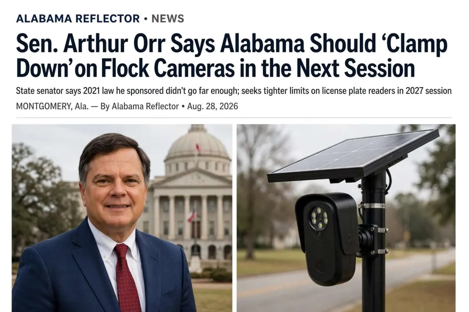 Illustration for the news story: Sen. Arthur Orr Says Alabama Should ‘Clamp Down’ on Flock Cameras in the Next Session