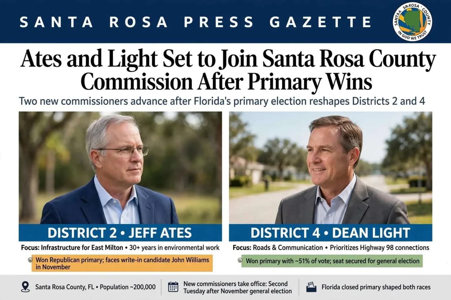 Illustration for the news story: Ates and Light Set to Join Santa Rosa County Commission After Primary Wins