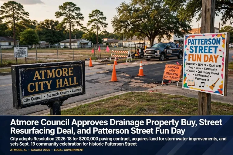 Illustration for the news story: Atmore Council Approves Drainage Property Buy, Street Resurfacing Deal, and Patterson Street Fun Day