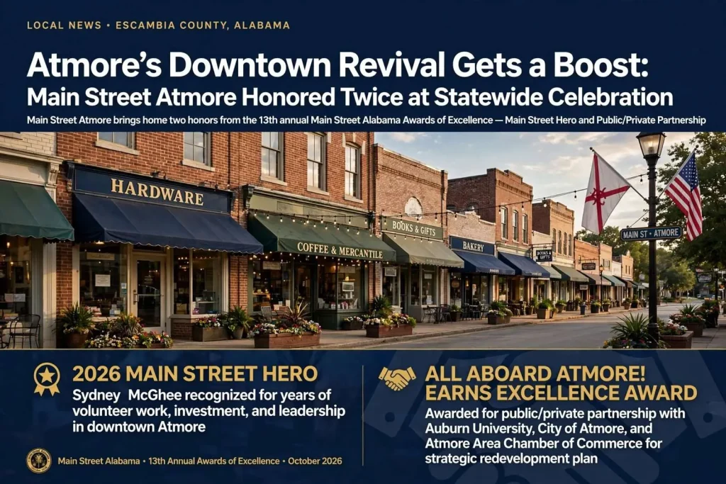 Illustration for the news story: Atmore’s Downtown Revival Gets a Boost: Main Street Atmore Honored Twice at Statewide Celebration