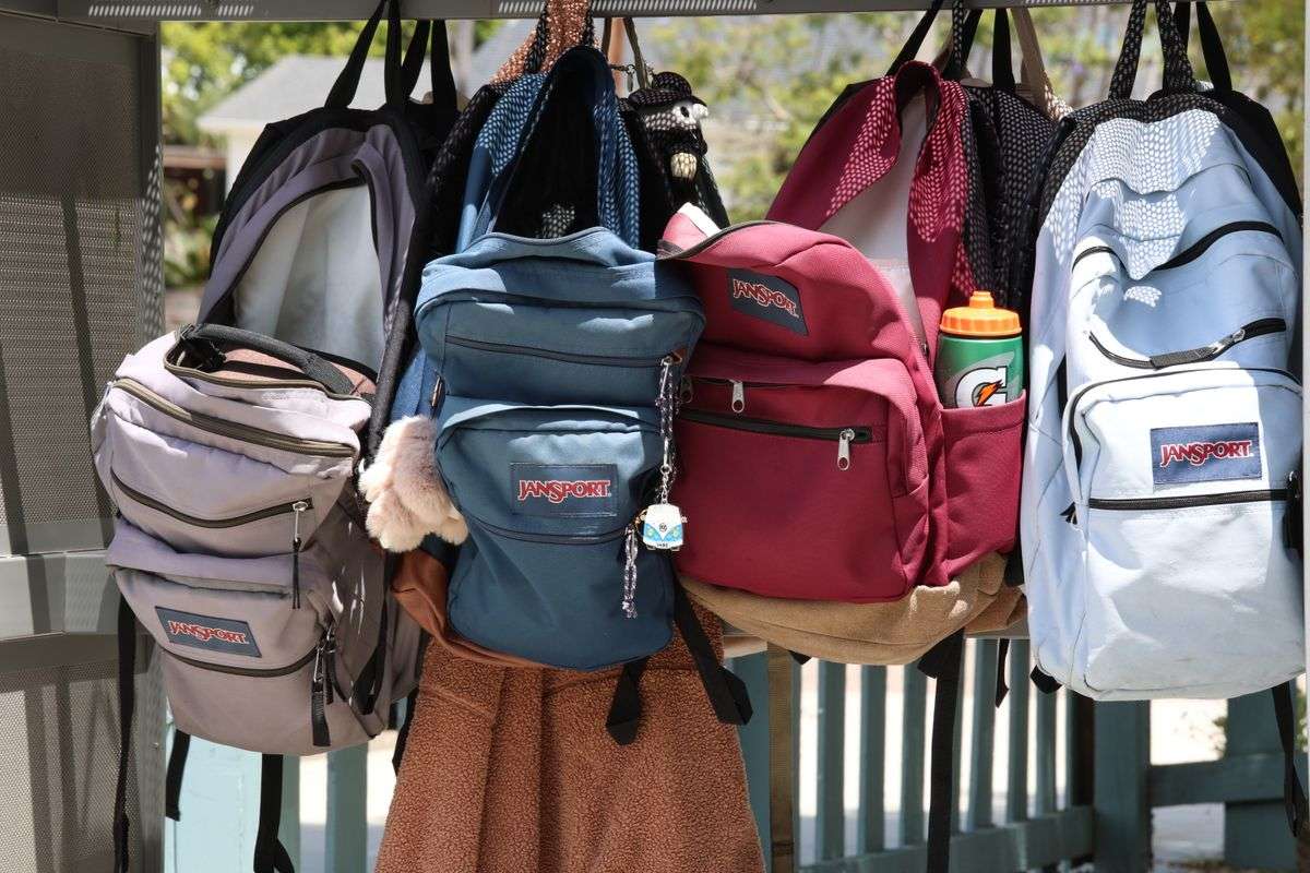 A collection of colorful backpacks hanging outside on a sunny day