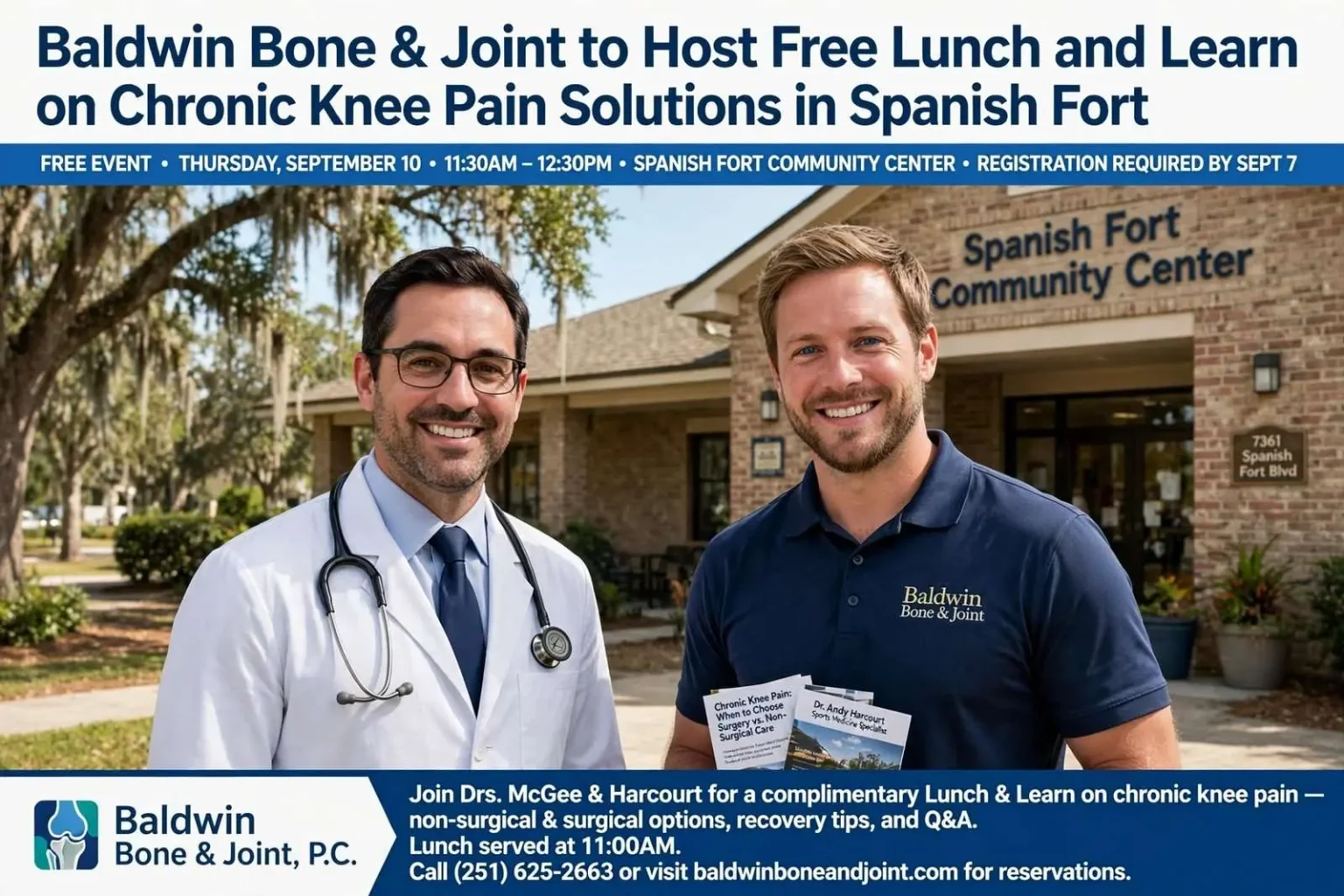 Illustration for the news story: Baldwin Bone & Joint to Host Free Lunch and Learn on Chronic Knee Pain Solutions in Spanish Fort