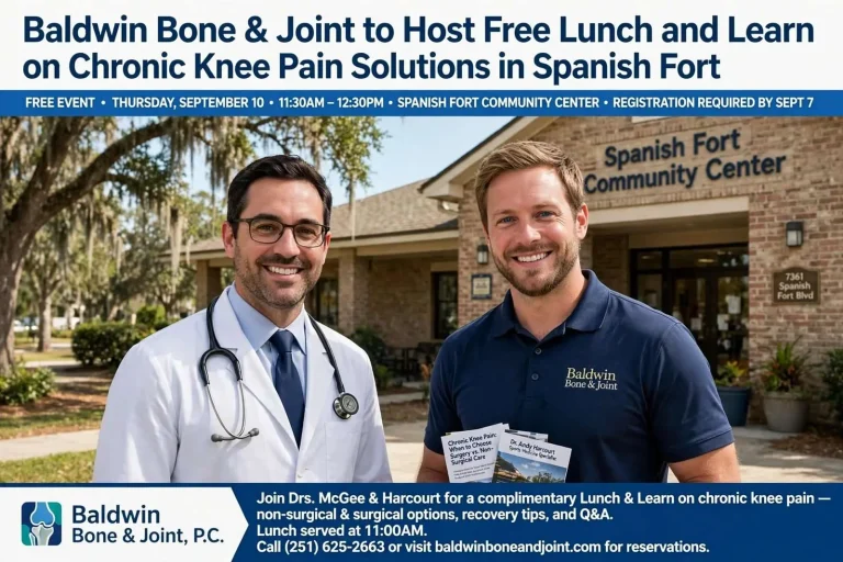 Illustration for the news story: Baldwin Bone & Joint to Host Free Lunch and Learn on Chronic Knee Pain Solutions in Spanish Fort
