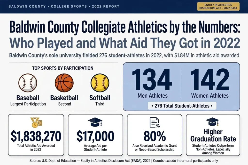 Illustration for the news story: Baldwin County Collegiate Athletics by the Numbers: Who Played and What Aid They Got in 2022