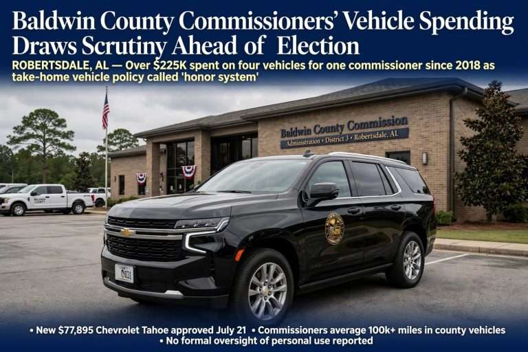 Illustration for the news story: Baldwin County Commissioners’ Vehicle Spending Draws Scrutiny Ahead of Election