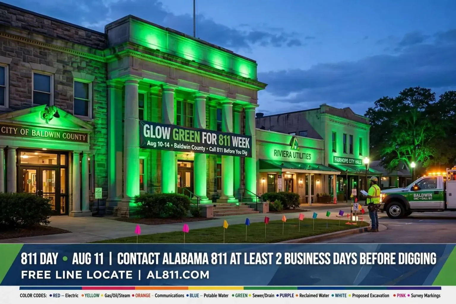 Illustration for the news story: Baldwin County Communities to Glow Green for 811 Week to Promote Safe Digging