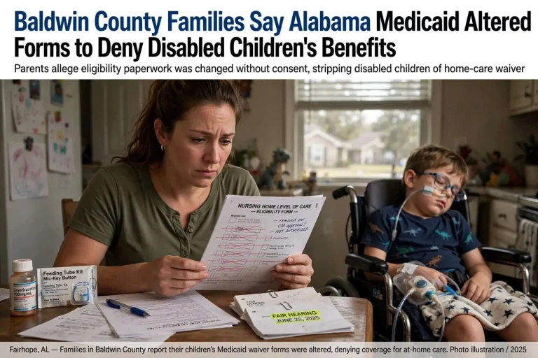 Illustration for the news story: Baldwin County Families Say Alabama Medicaid Altered Forms to Deny Disabled Children’s Benefits
