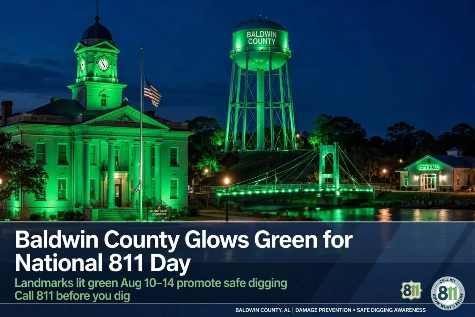 Illustration for the news story: Baldwin County Landmarks Glowed Green for National 811 Day, Promoting Safe Digging