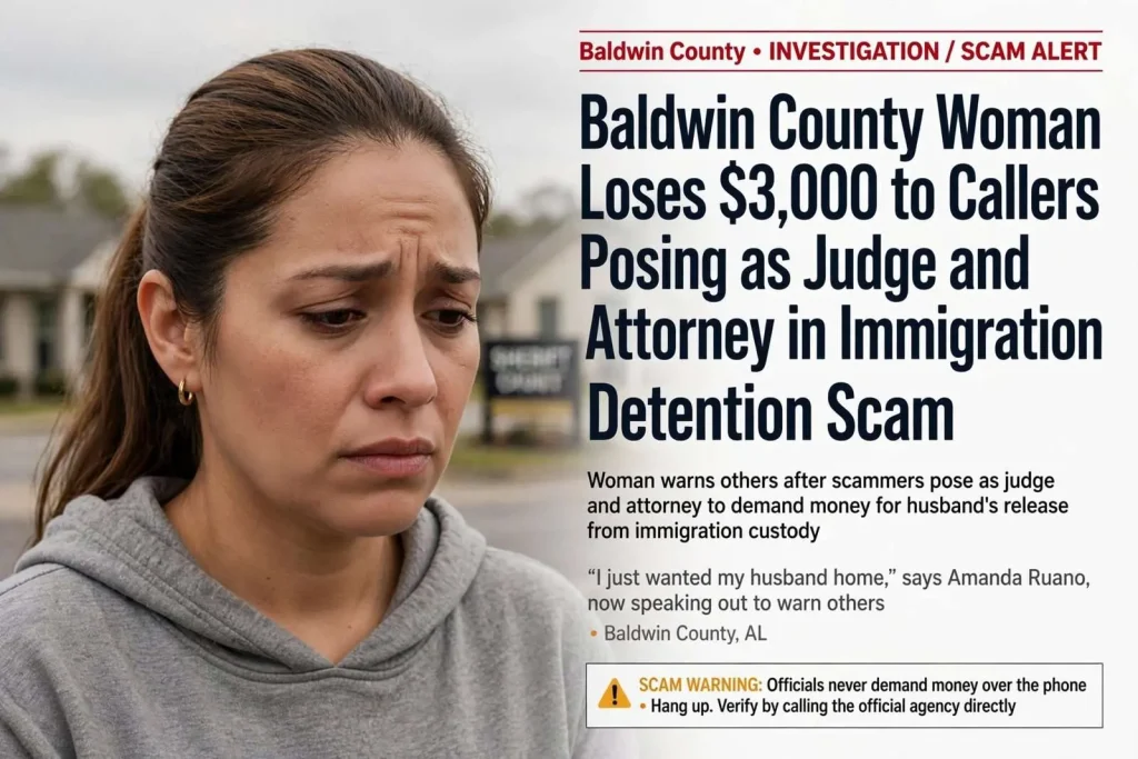 Illustration for the news story: Baldwin County Woman Loses $3,000 to Callers Posing as Judge and Attorney in Immigration Detention Scam
