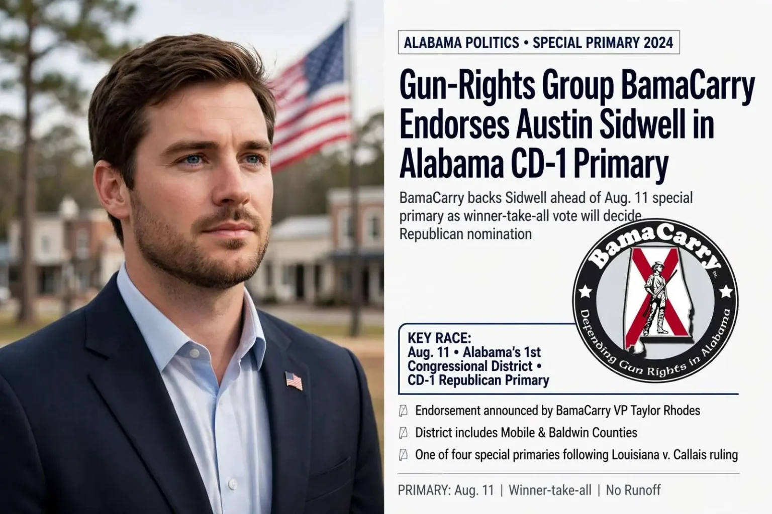 Illustration for the news story: Gun-Rights Group BamaCarry Endorses Austin Sidwell in Alabama CD-1 Primary