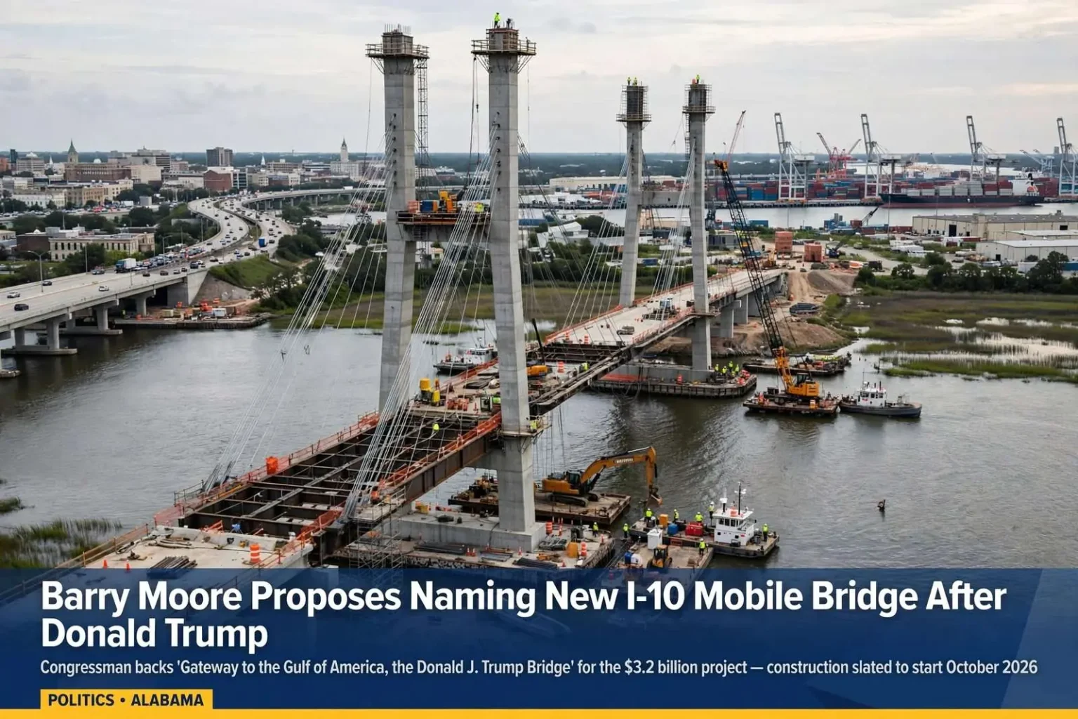 Illustration for the news story: Barry Moore Proposes Naming New I-10 Mobile Bridge After Donald Trump