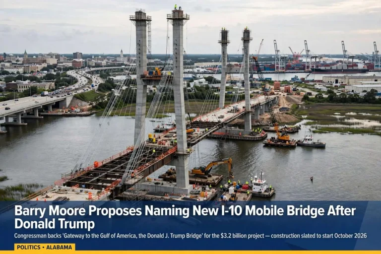 Illustration for the news story: Barry Moore Proposes Naming New I-10 Mobile Bridge After Donald Trump