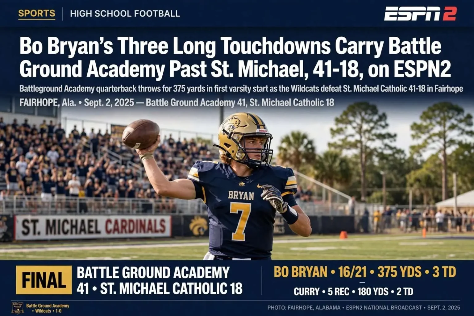 Illustration for the news story: Bo Bryan’s Three Long Touchdowns Carry Battle Ground Academy Past St. Michael, 41-18, on ESPN2