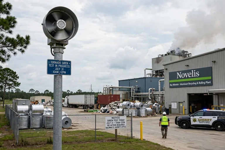 Illustration for the news story: Bay Minette Novelis Plant Sounds Test Alarms as Tornado Siren Check Gets Underway