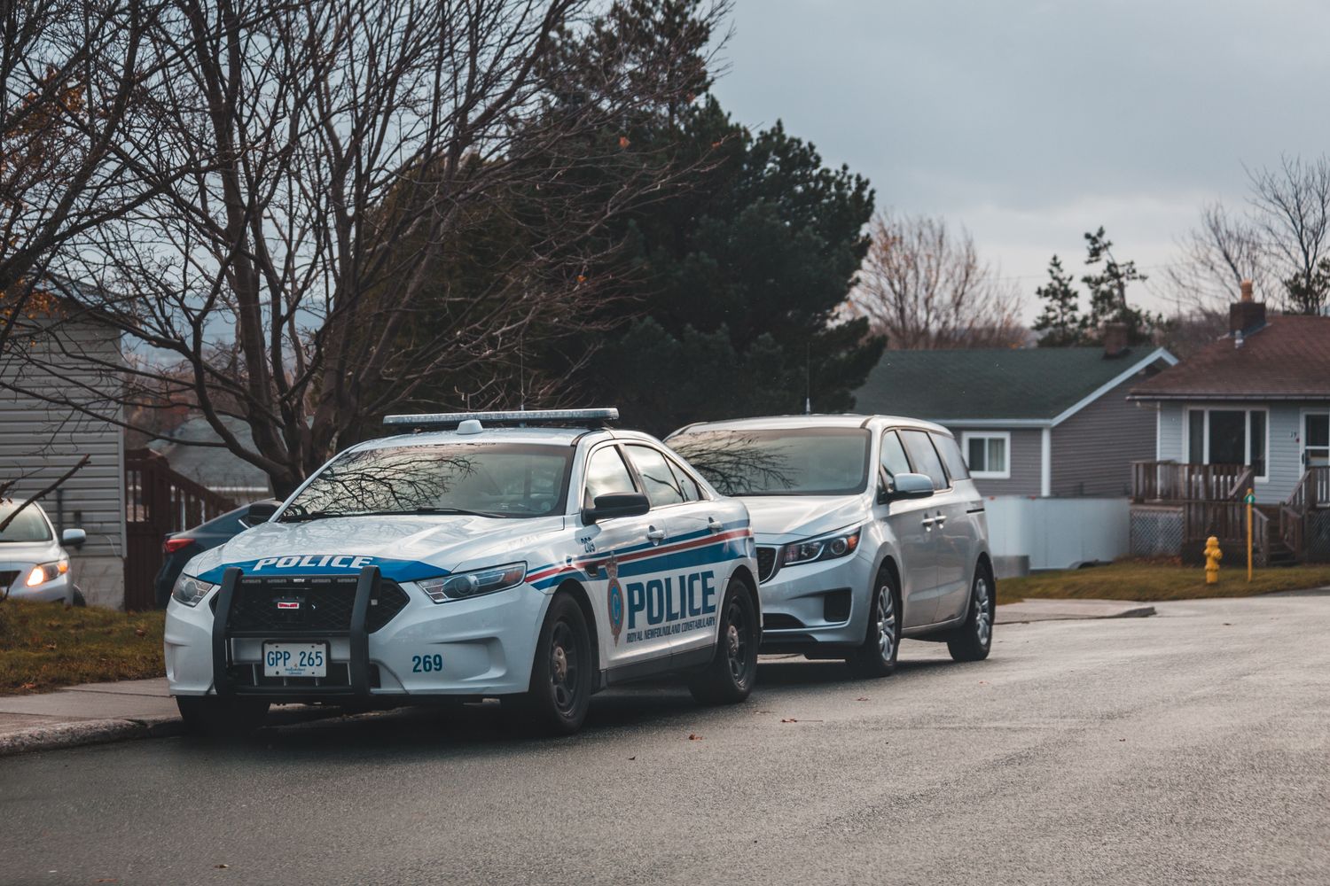 Police vehicles with emergency lights on a Bay Minette residential street