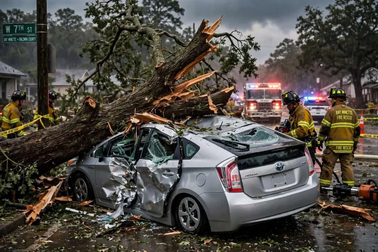 Illustration for the news story: Bay Minette Woman Faces Year-Long Recovery After Tree Crushed Her Car in June Storm