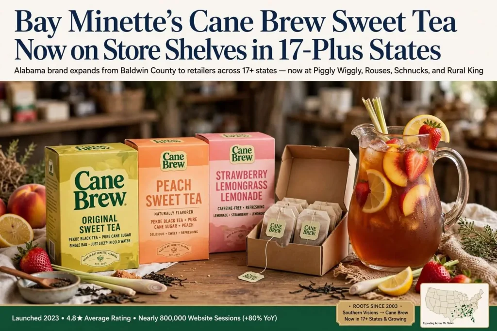 Illustration for the news story: Bay Minette’s Cane Brew Sweet Tea Now on Store Shelves in 17-Plus States