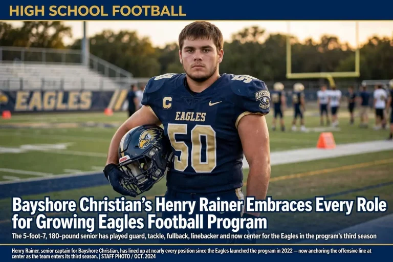 Illustration for the news story: Bayshore Christian’s Henry Rainer Embraces Every Role for Growing Eagles Football Program