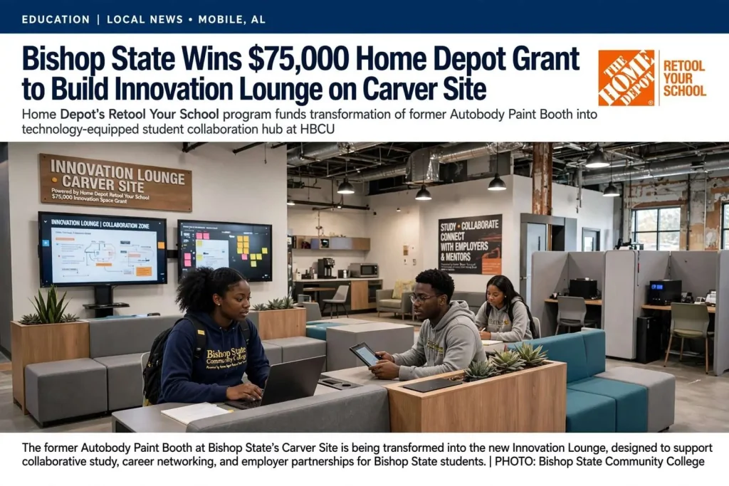 Illustration for the news story: Bishop State Wins $75,000 Home Depot Grant to Build Innovation Lounge on Carver Site