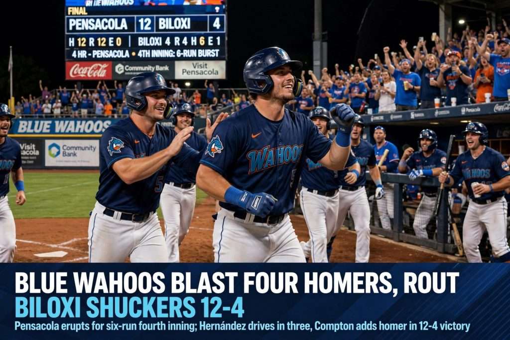 Illustration for the news story: Blue Wahoos Blast Four Homers, Rout Biloxi Shuckers 12-4