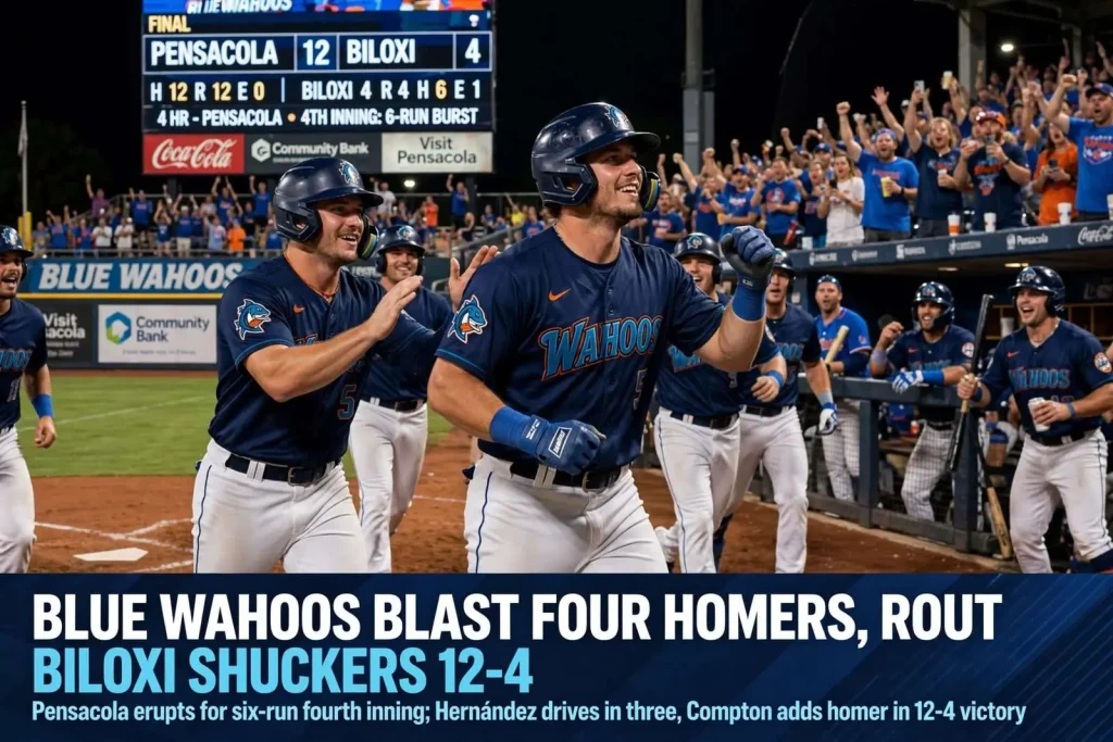 Illustration for the news story: Blue Wahoos Blast Four Homers, Rout Biloxi Shuckers 12-4