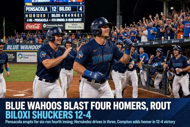 Illustration for the news story: Blue Wahoos Blast Four Homers, Rout Biloxi Shuckers 12-4